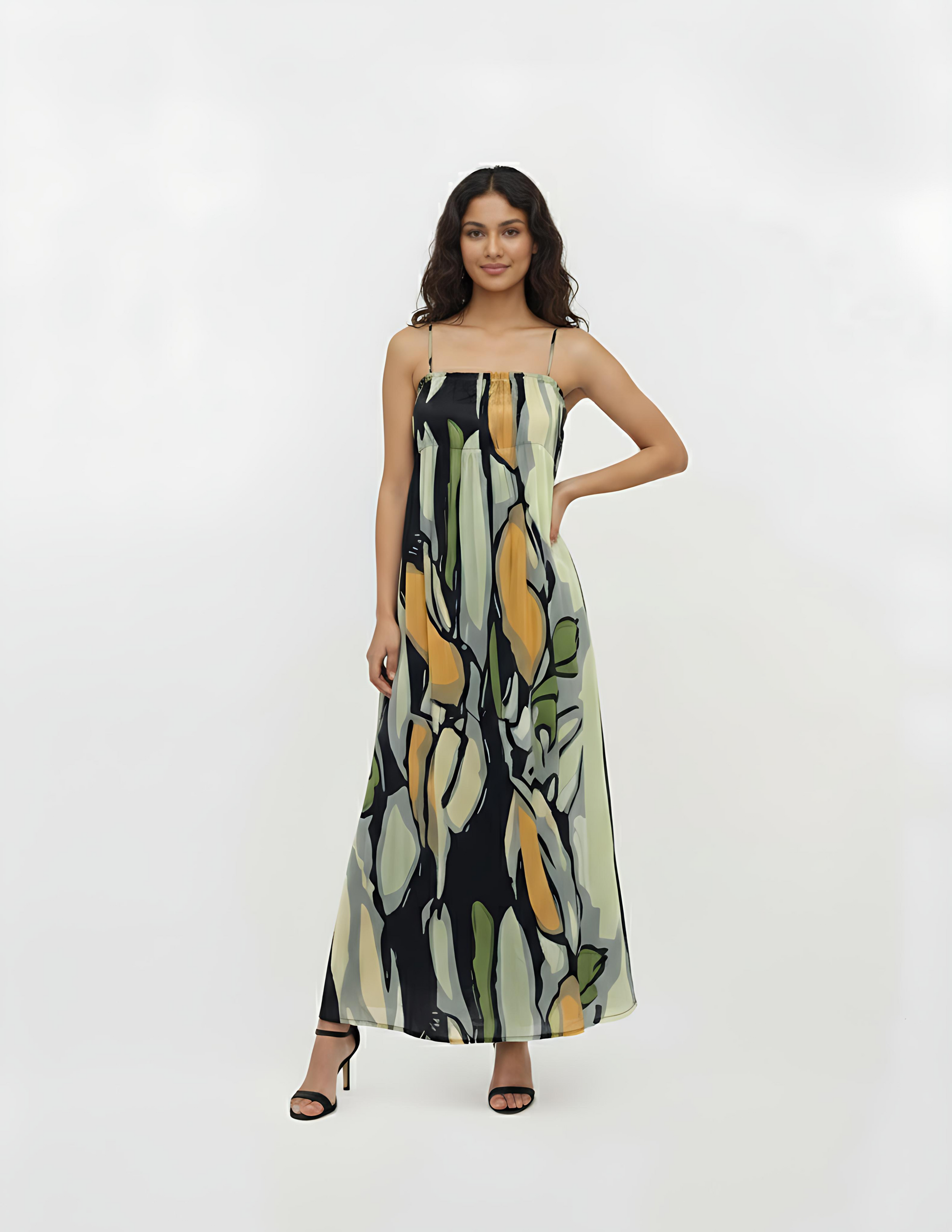 Full-length crepe maxi dress featuring a straight neckline with thin spaghetti straps and a relaxed, column-like silhouette.