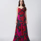 Abstract floral chinon dress in red and pink tones with a full-length design