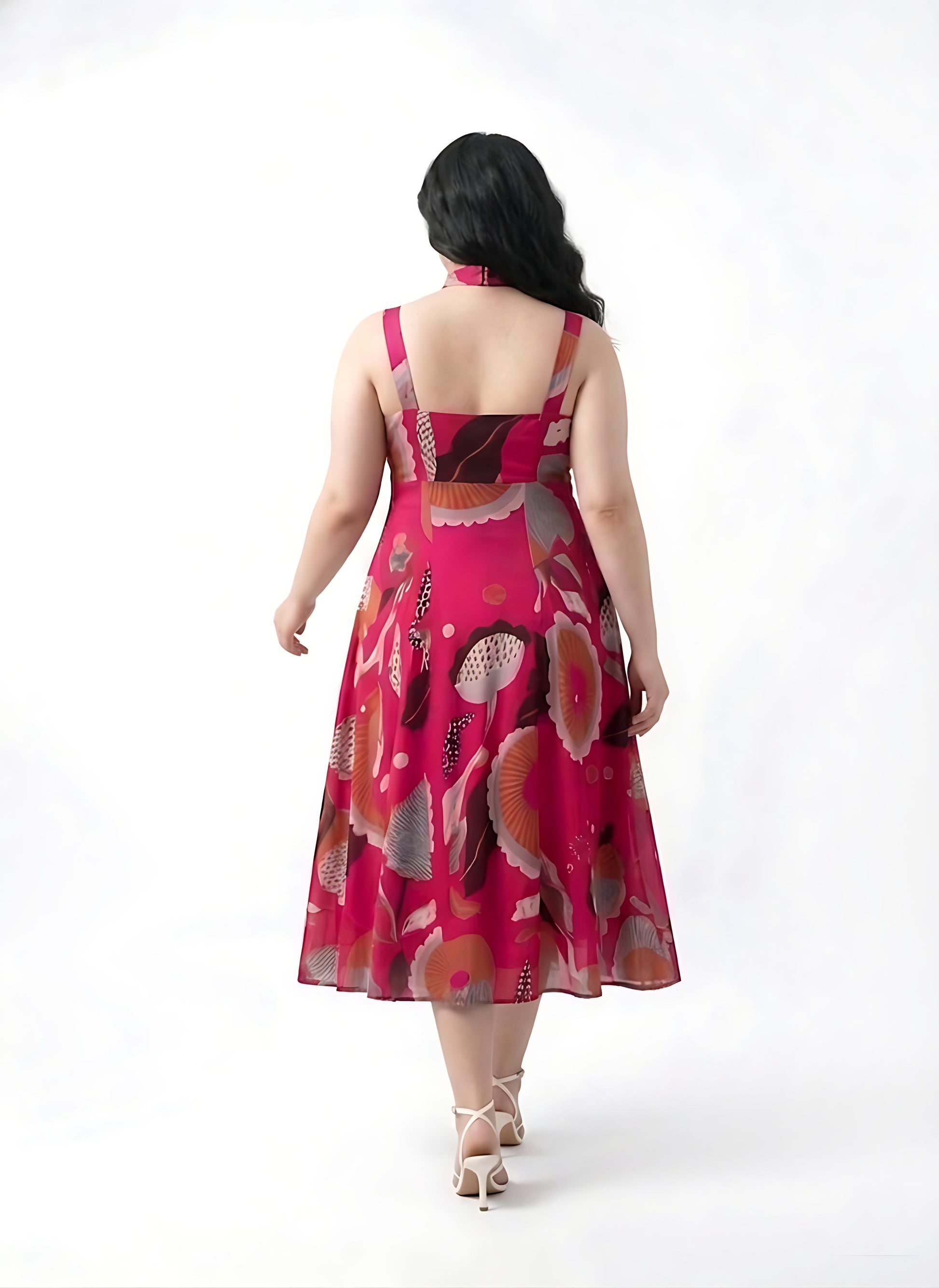 Close-up of sweetheart neckline with adjustable tie-up straps on a pink floral chinon midi dress