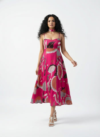 Lightweight floral abstract midi dress in airy chinon fabric