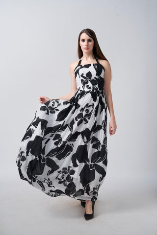 Crepe ankle-length dress featuring a fluid, elegant drape and halter neck