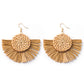 Lightweight brown rattan drop earrings with woven detailing and a fan-shaped drop, ideal for casual events and warm-weather wear.