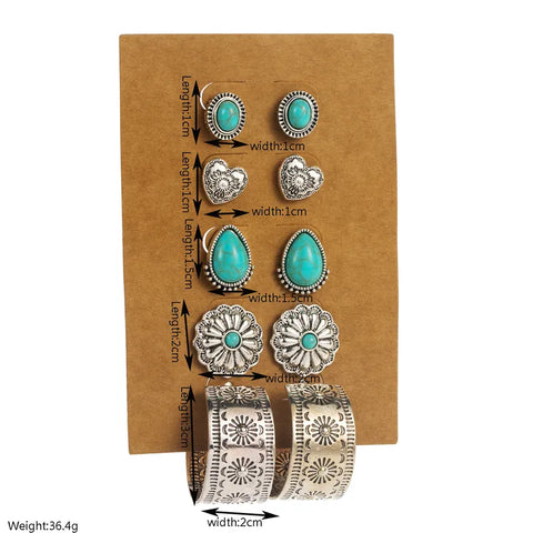 Turquoise Flower Drop Earrings and antique silver stud set 