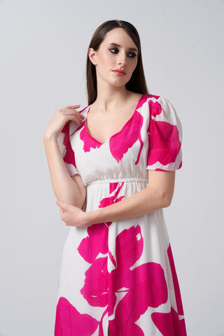 Close-up of the Midi-length crepe dress with a V-neckline and a soft floral print