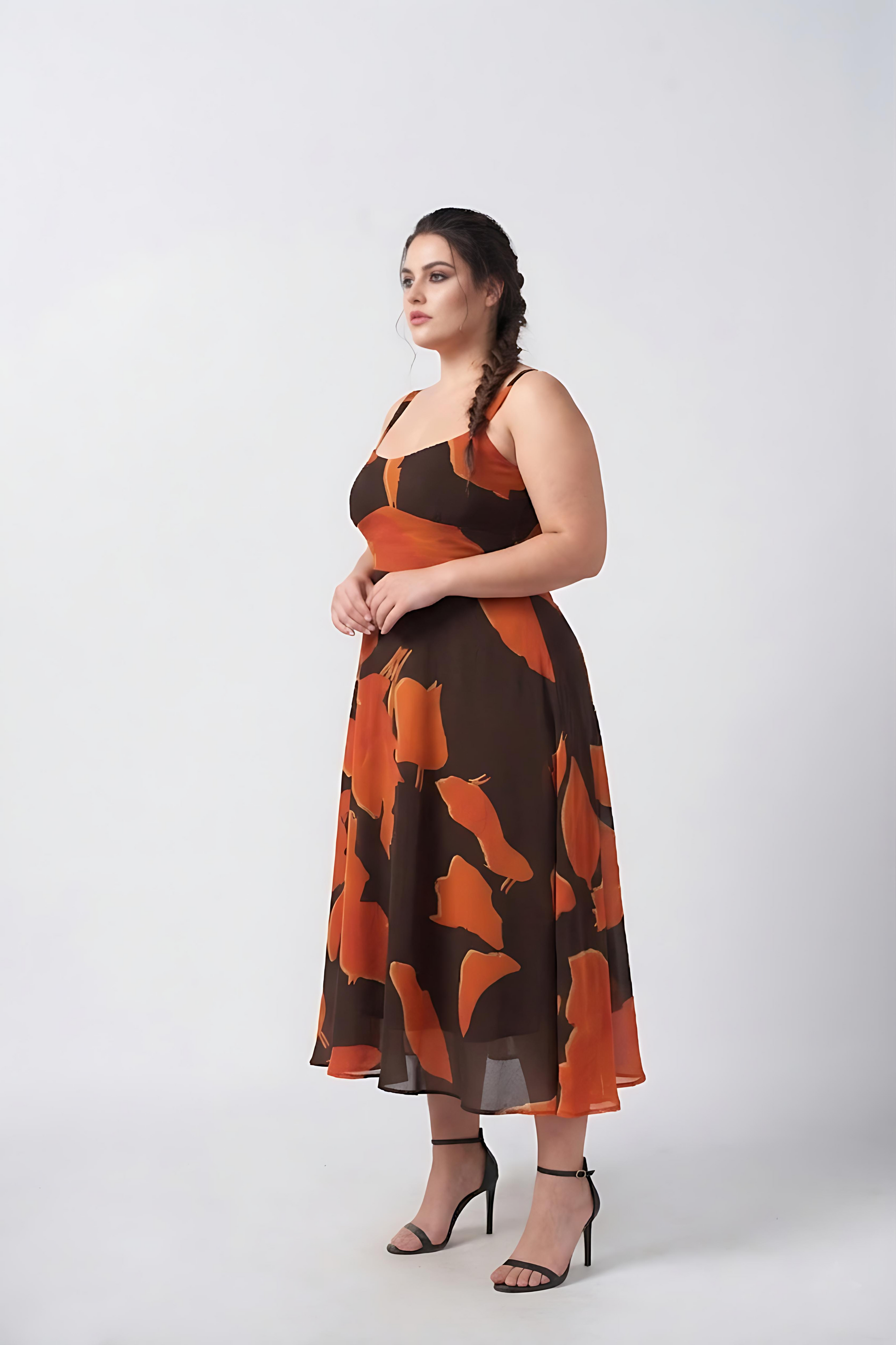 Flowy crepe midi dress in warm orange and brown abstract print, offering a flattering fit with effortless movement