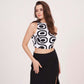 Front-close view showing bold graphic design on top and flattering fit of the skirt.