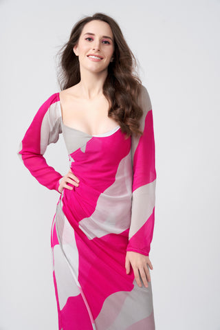 Overlapped-neck abstract print chinon dress with a knot-front detail, ideal for elegant evenings and special occasions