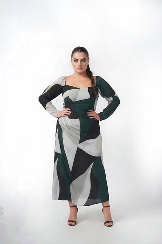 XL abstract print crepe ankle-length dress, ideal for both daytime events and evening occasions