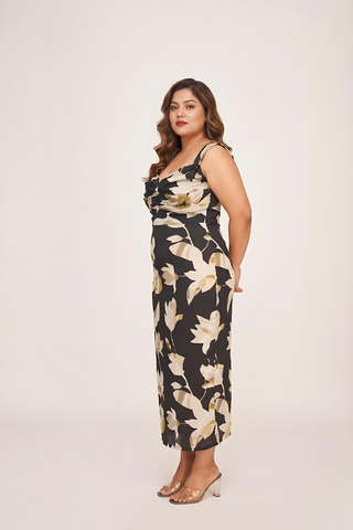 XL floral satin ankle-length dress, perfect for parties, celebrations, and special occasions