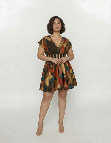 XL mosaic-inspired mini dress with a flared skirt, perfect for parties, brunches, and celebrations