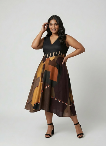 XL midi dress with a striped waistband and flowing asymmetric skirt, perfect for dinners and special occasions