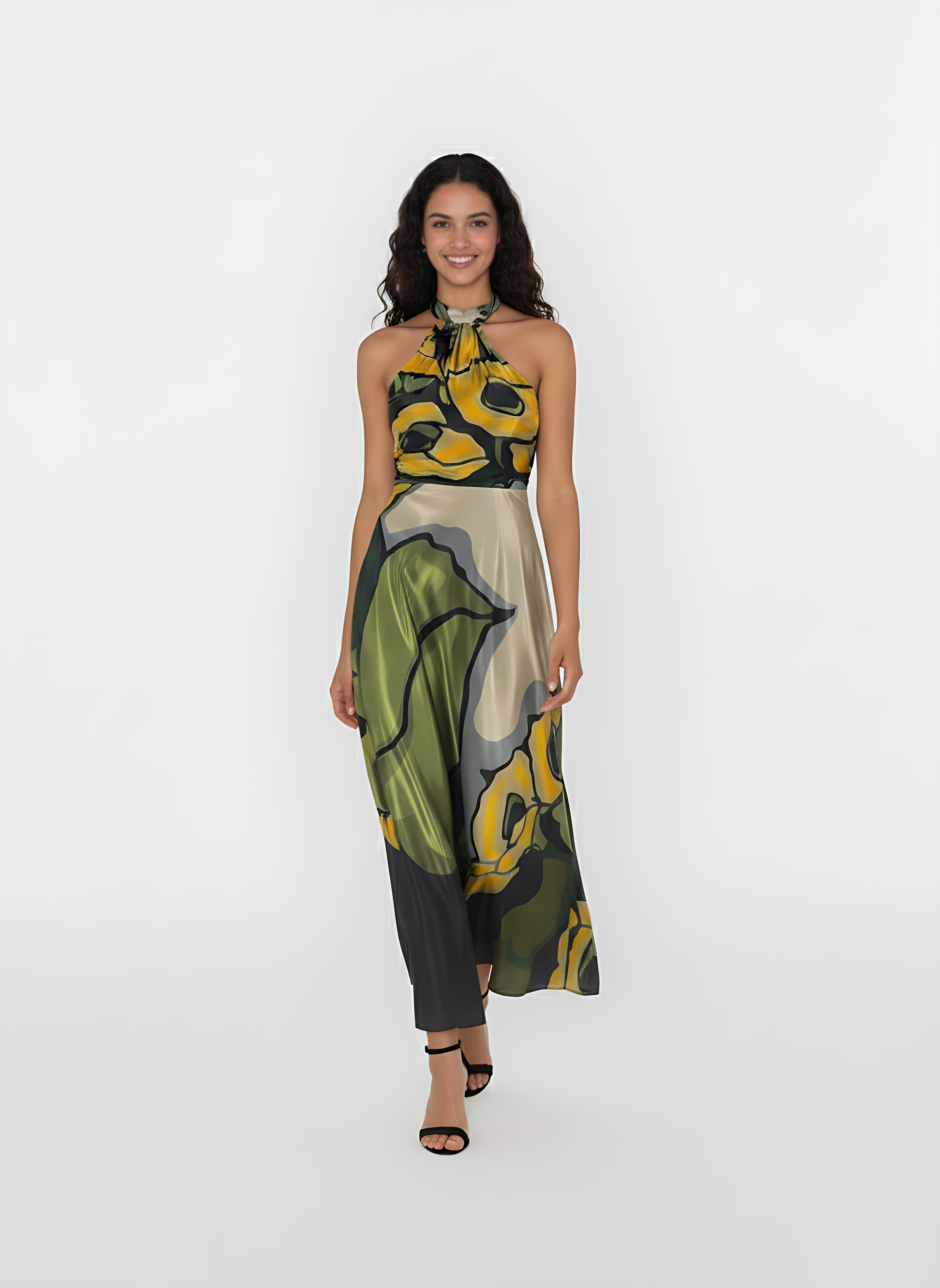 Golden Flora Halter Dress