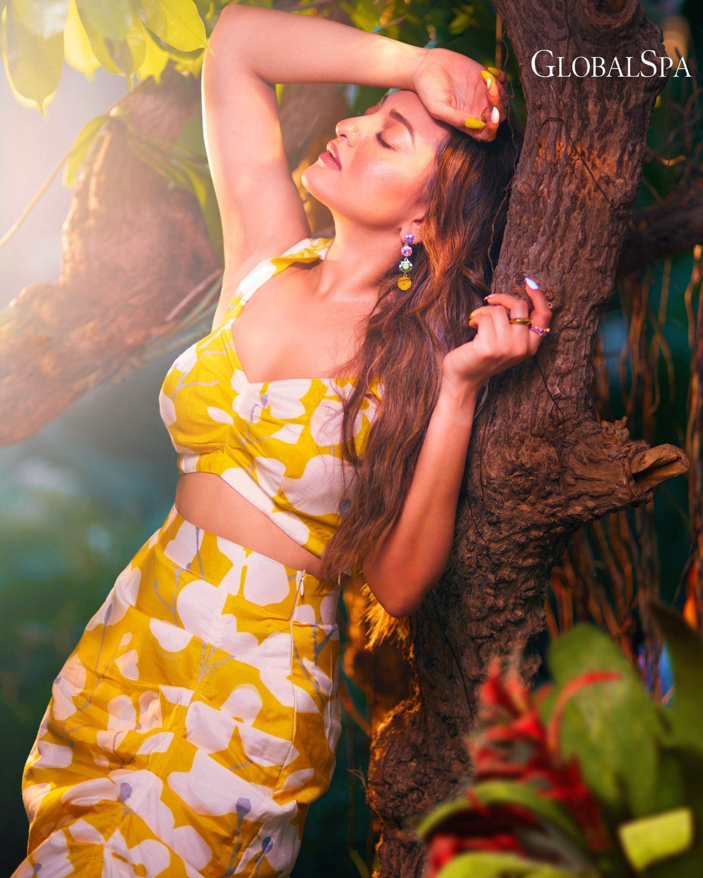 Yellow printed ruched top and skirt set in muslin, ideal for summer parties and vacation outings