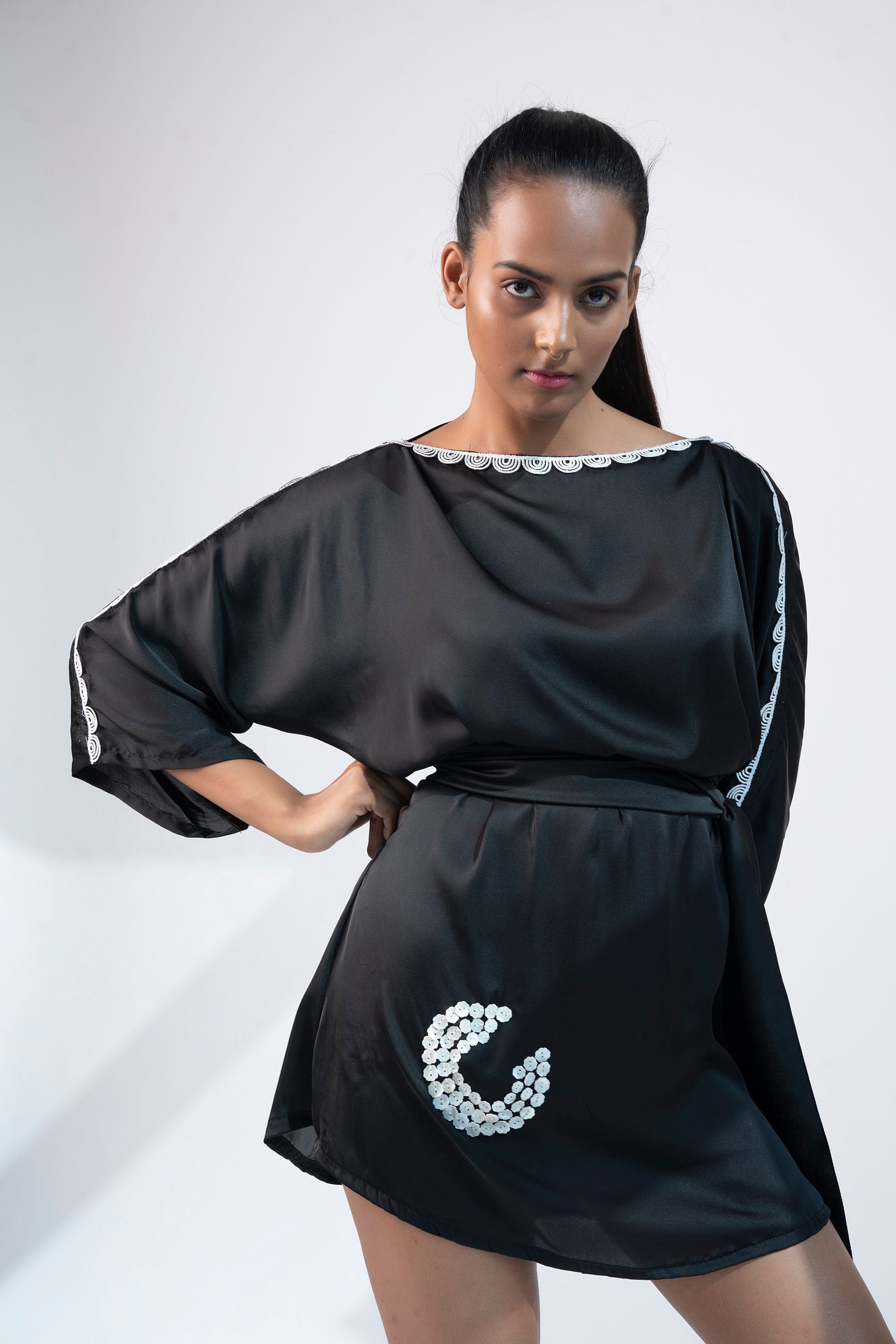 Black Kimono Mini Beach Dress made of luxurious satin fabric with shell buttons 