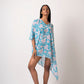 Flowy georgette beach vacation dress featuring distinctive slit sleeves and sea shell accents. Can be worn as a kimono or a mini dress