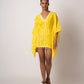Add a pop of color to your outfit with this vibrant yellow tie-dye short beach dress.  It comes with kimono-style sleeves, yoke collar, and lace detailing and is perfect as a beach vacation dress or for a casual day out.