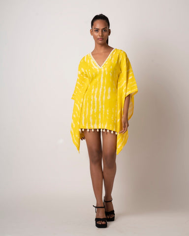 Yellow tie-dye cotton dress with a V-neckline and relaxed kaftan silhouette