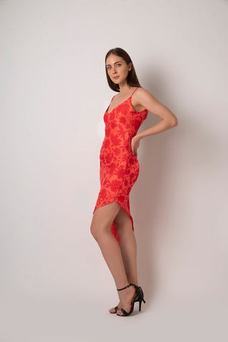 Red floral printed muslin dress with a breezy summer silhouette