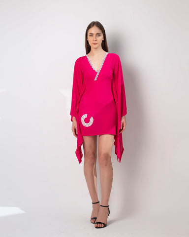 Full front view of pink embroidered kaftan dress with shell detailing and kimono sleeves.